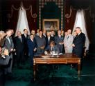 KN-C30095 07 October 1963 President Kennedy signs the Limited Nuclear Test Ban Treaty. L-R: Wil…