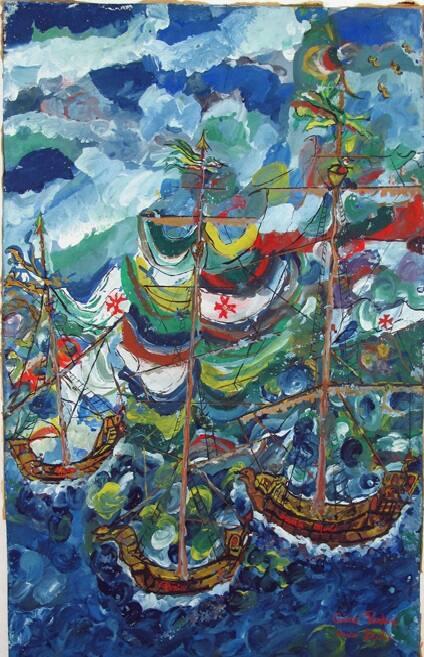 Painting of the Nina, the Pinta and the Santa Maria