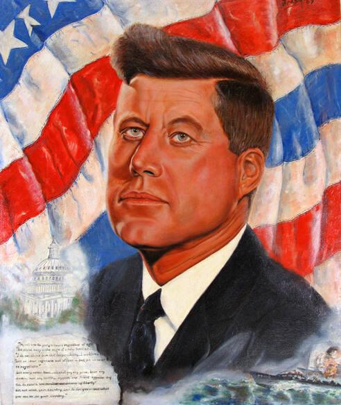 Portrait of John F. Kennedy with US Flag and PT-109