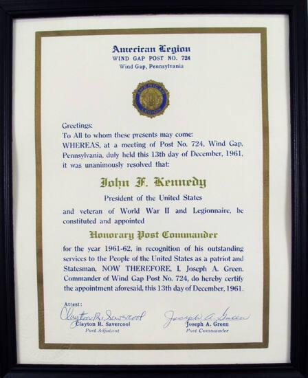 Certificate Naming John F. Kennedy Honorary Post Commander