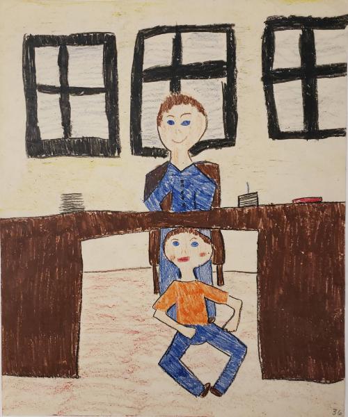 Child's drawing of John Jr. seated under his father's desk with President Kennedy seated in cha…