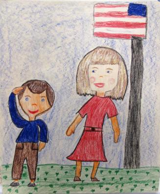 Child's drawing of John Jr. and Caroline standing next to an American Flag