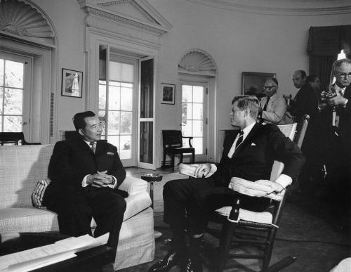 President John F. Kennedy meets with Prime Minister of Laos, Prince Souvanna Phouma, John F. Ke…