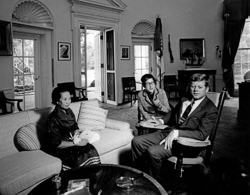 President John F. Kennedy meets with Princess Norodom Rasmi Sobhana of Cambodia (left) in the O…