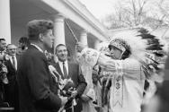 Presentation by Ediison Realbird of the Montana Crow Indian Agency of a peace pipe to President…