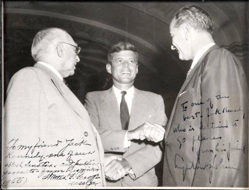 Photograph of Senator John F. Kennedy Shaking Hands with Senators Lyndon Johnson and Walter George