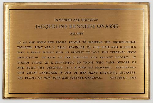 Memorial Plaque for Jacqueline Kennedy Onassis from the People of New York