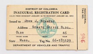 Inaugural Registration Card for Senator John F. Kennedy's Vehicle