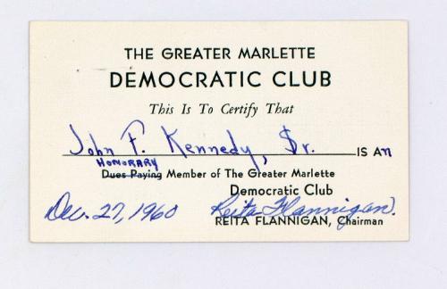 Honorary Membership Card for The Greater Marlette Democratic Club for President Kennedy