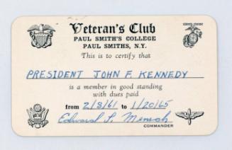 Membership Card for Veteran's Club of Paul Smith's College