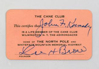 Membership Card for The Cane Club of the Adirondacks