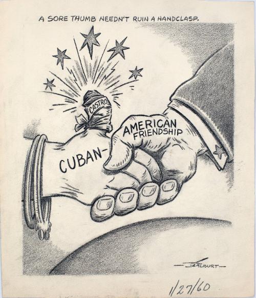 "A Sore Thumb Needn't Ruin A Handclasp." Cartoon