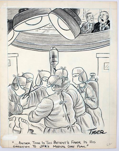 "...ANOTHER THING IN THIS PATIENT'S FAVOR IS HIS OPPOSITION TO JFK's MEDICAL CARE PLAN." Cartoon