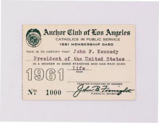 Membership Card for Anchor Club of Los Angeles, Catholics in Public Service