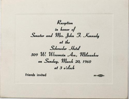Invitation to Reception In Honor of Senator and Mrs. John F. Kennedy