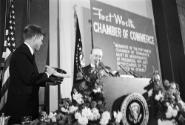 President Kennedy receives a Stetson hat from the Fort Worth Chamber of Commerce on November 22…