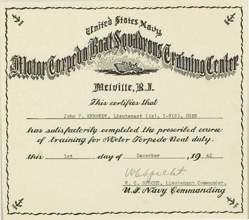 Diploma for Training Motor Torpedo Boat Duty for Lt. John F. Kennedy