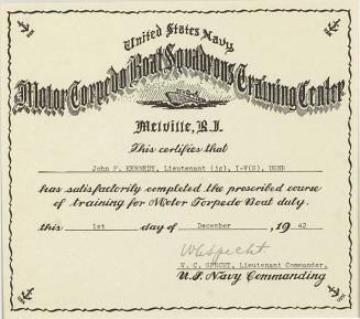 Diploma for Training Motor Torpedo Boat Duty for Lt. John F. Kennedy