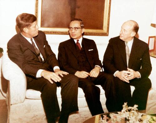 Photograph of John F. Kennedy, U Thant, and Adlai Stevenson