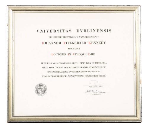 University of Dublin Honorary Doctor of Laws Degree for John F. Kennedy ...