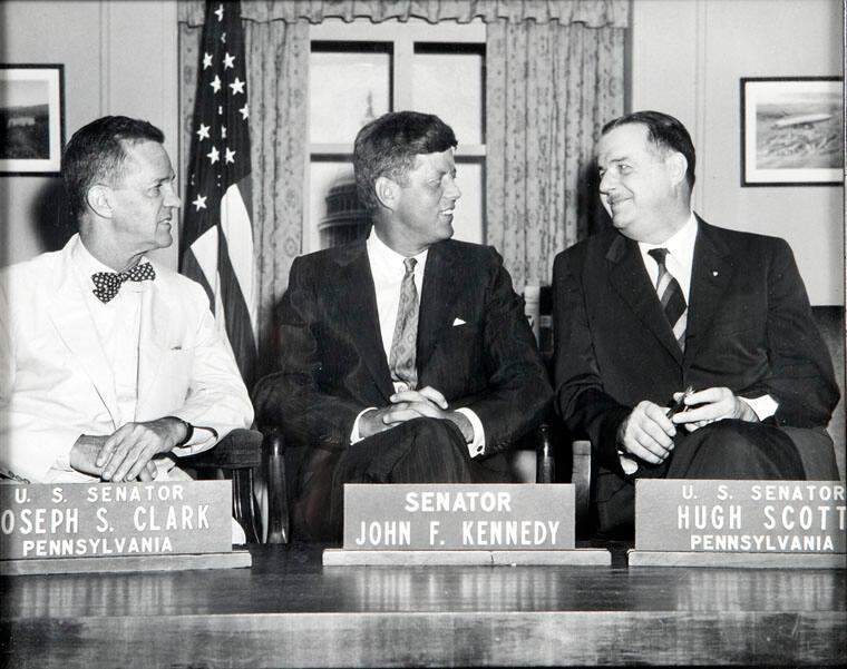 Photograph of Senator John F. Kennedy with Senators Joseph Clark and
