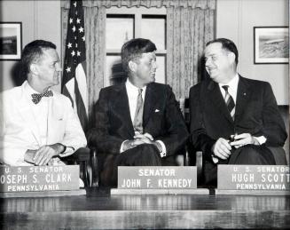 Photograph of Senator John F. Kennedy with Senators Joseph Clark and Hugh Scott
