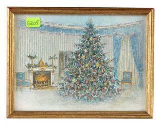 Print of the Christmas Tree in the White House Blue Room