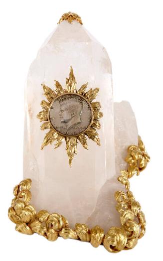 Kennedy Half Dollar Mounted in Quartz Crystal and Gold