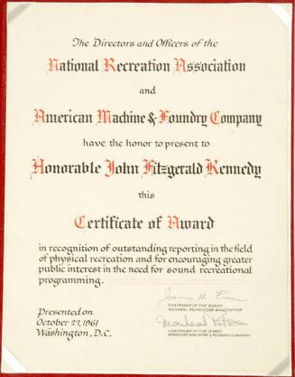 National Recreation Association Certificate of Award