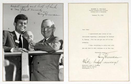 Photograph of Senator John F. Kennedy and President Truman and Signed Letter