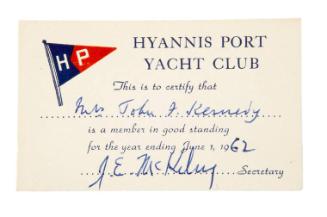 Membership Card for Hyannis Port Yacht Club for Mrs. John F. Kennedy