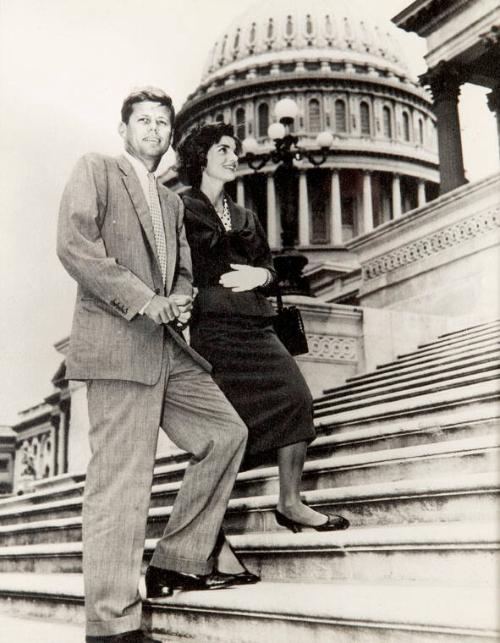 Photograph of Senator and Mrs. John F. Kennedy on the Steps of the Capitol Building