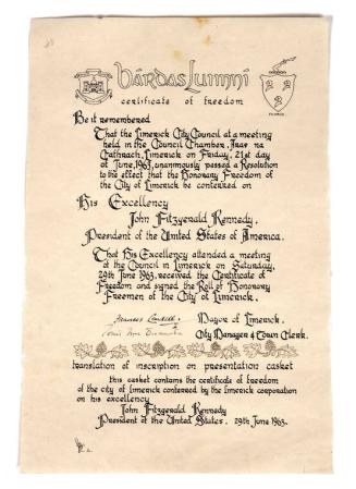 Bardas Luimni Certificate of Freedom