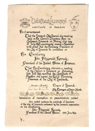 Bardas Luimni Certificate of Freedom