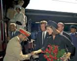 Emperor Haile Selassie is greeted by President John F. Kennedy and First Lady Jacqueline Kenned…