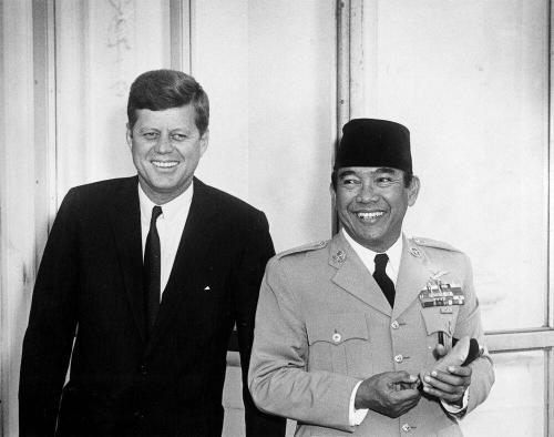 President John F. Kennedy stands with President of Indonesia Ahmed Sukarno outside the North en…